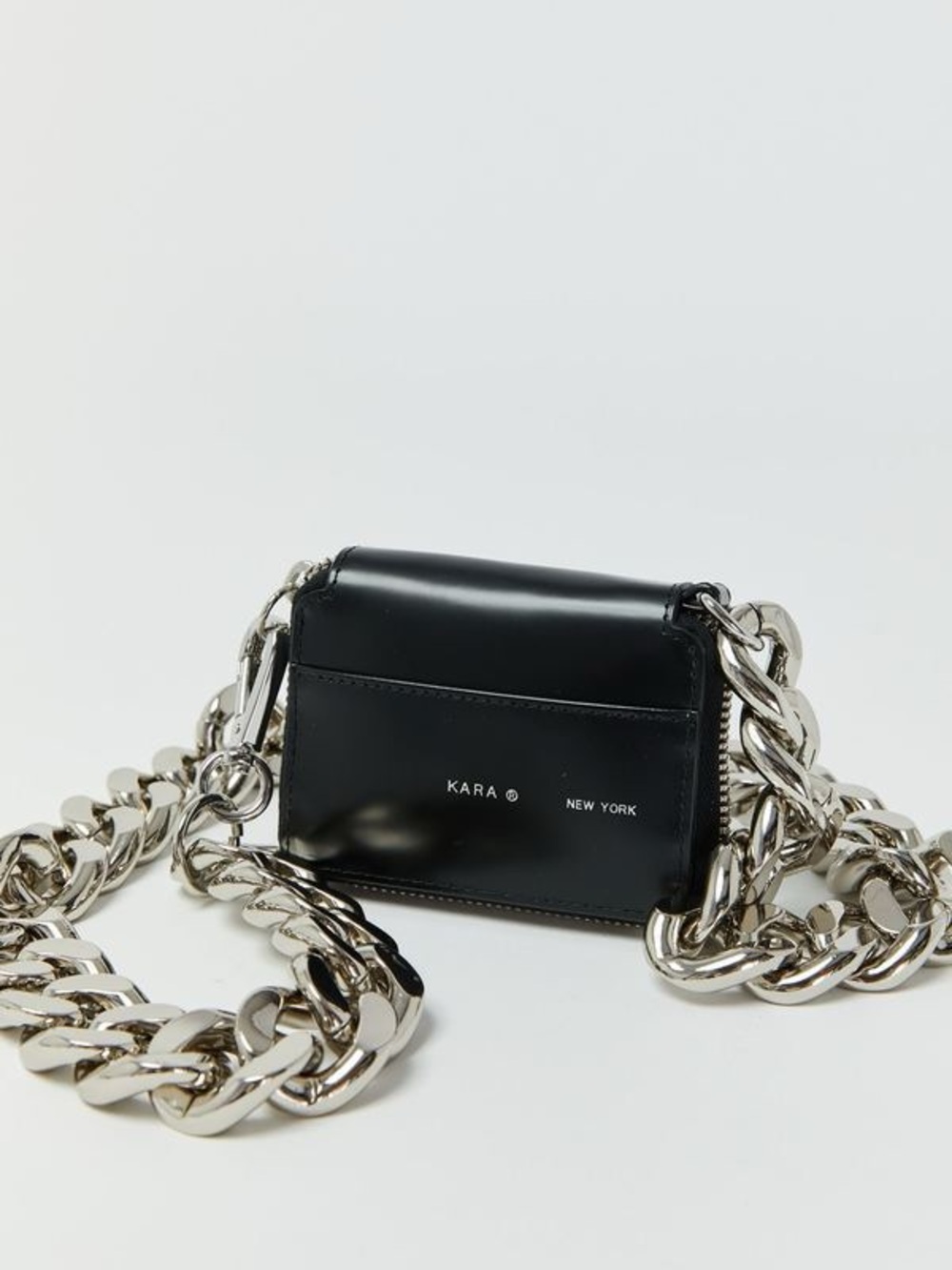 Kara New York Bike Wallet Black Leather Chunky Silver curb Chain Crossbody Bag - Picture 3 of 16